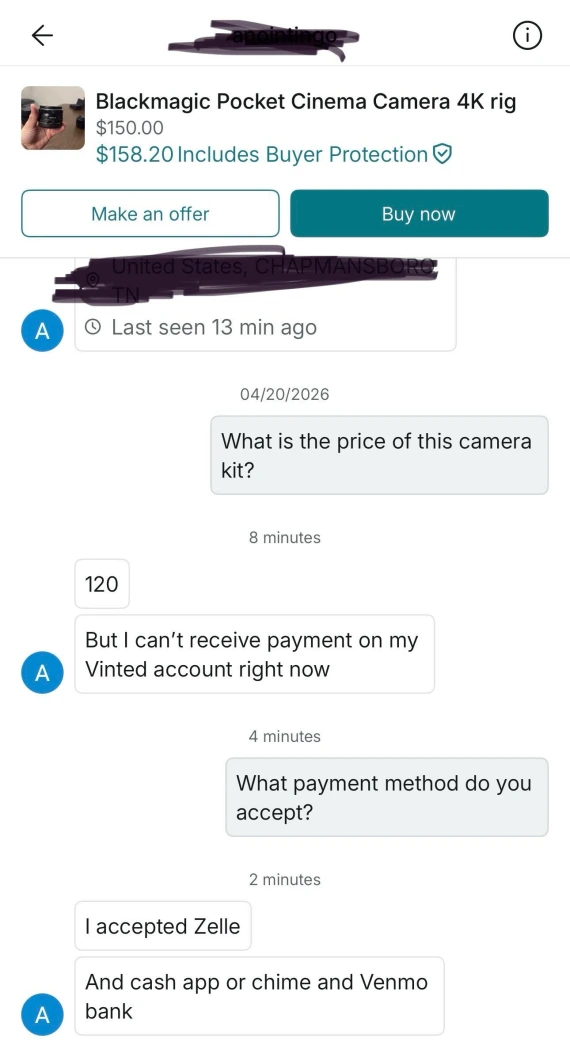 An image of a Vinted off-platform payment scam.