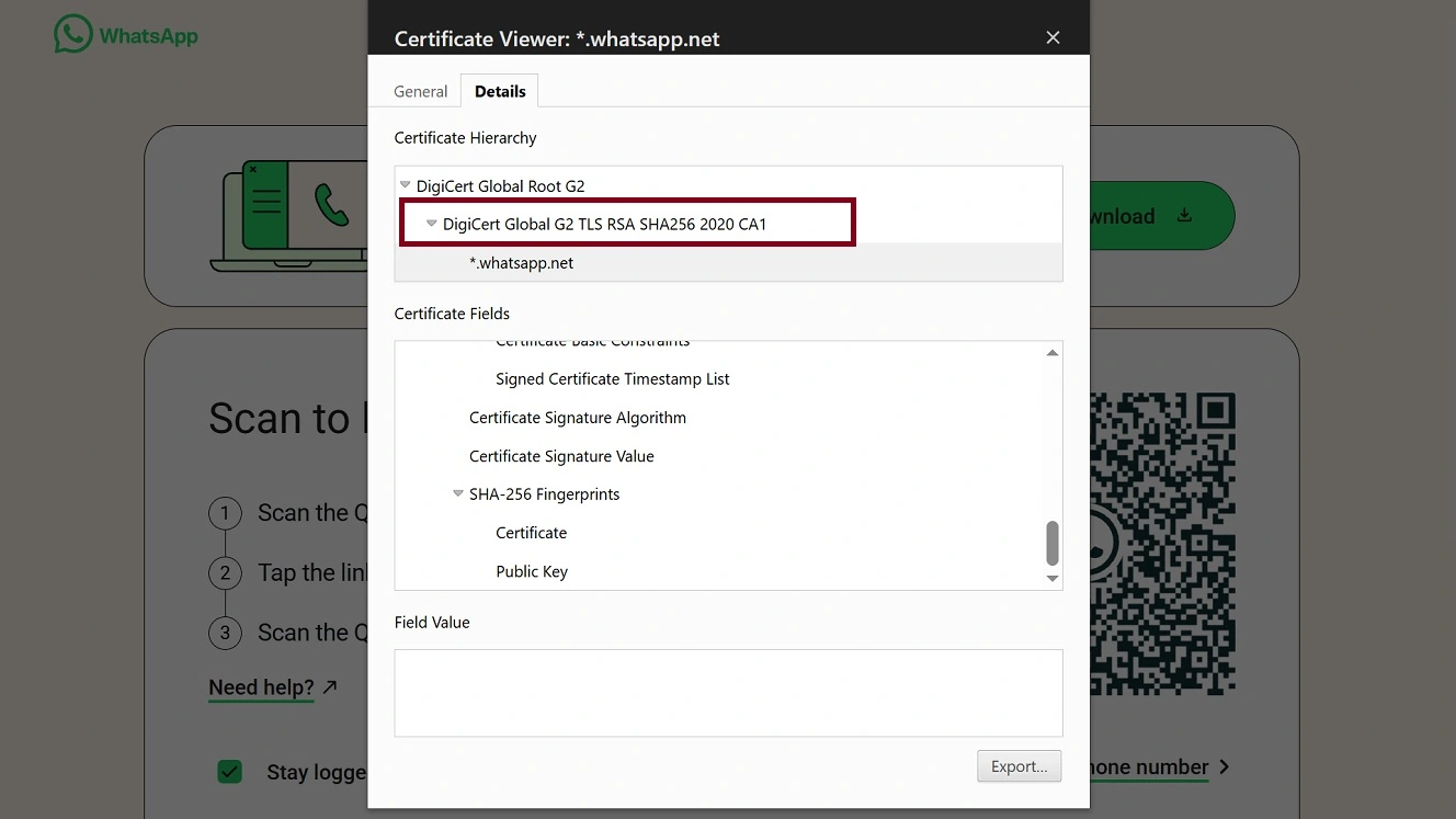 A screenshot showing what a certificate looks like on WhatsApp Web.