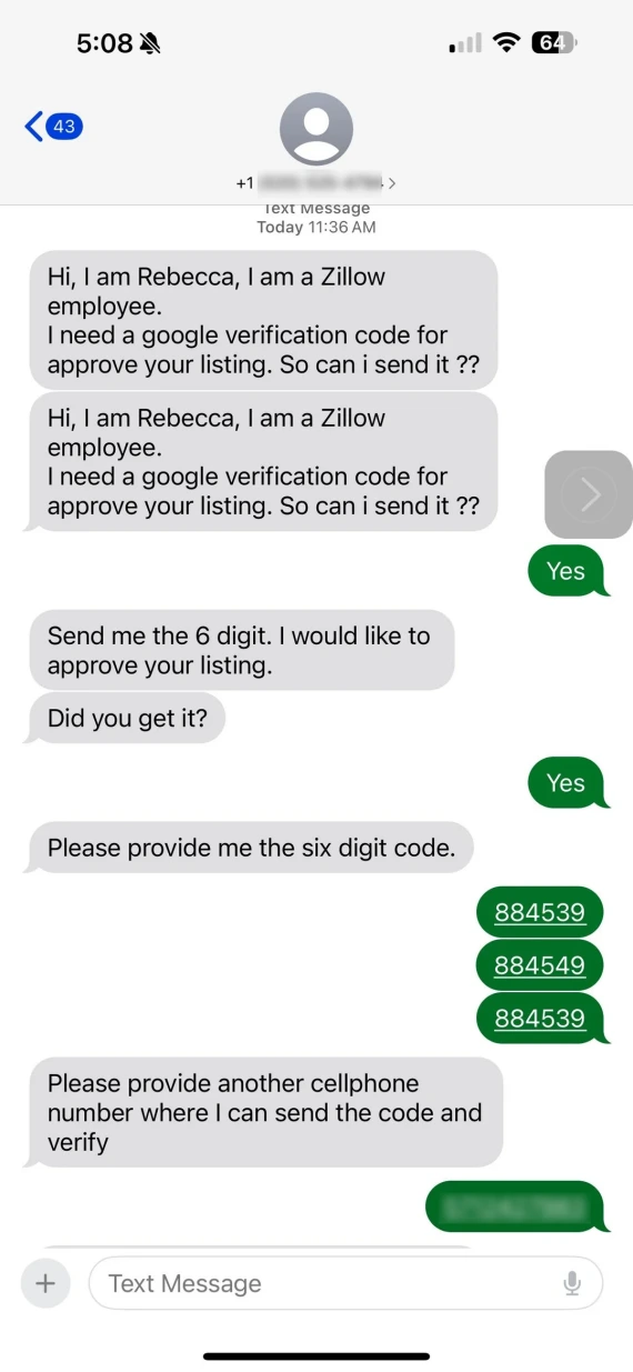 A screenshot of DMs associated with a Zillow employee scam.