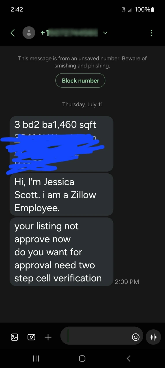 Screenshot of a message linked to a Zillow employee scam.