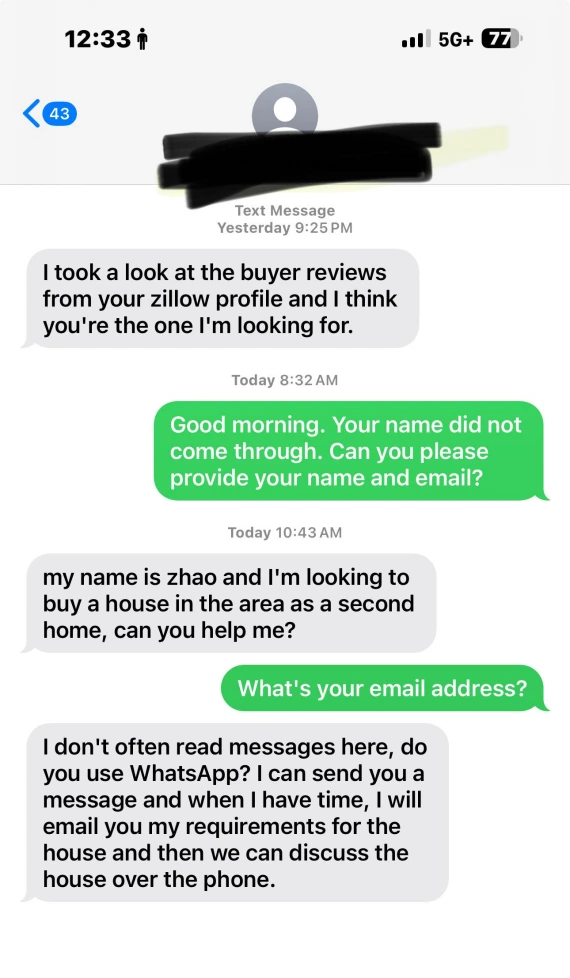Screenshot of DMs associated with a Zillow phishing scam.