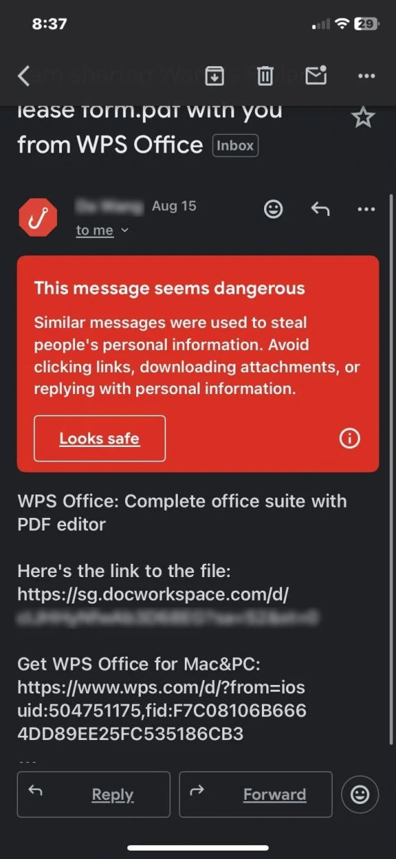 A warning message related to a Zillow phishing scam.
