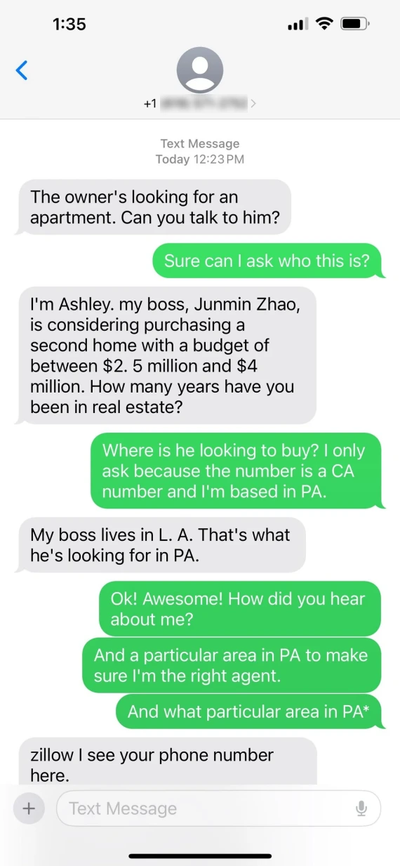 DMs associted with a Zillow scam targeting a landlord.