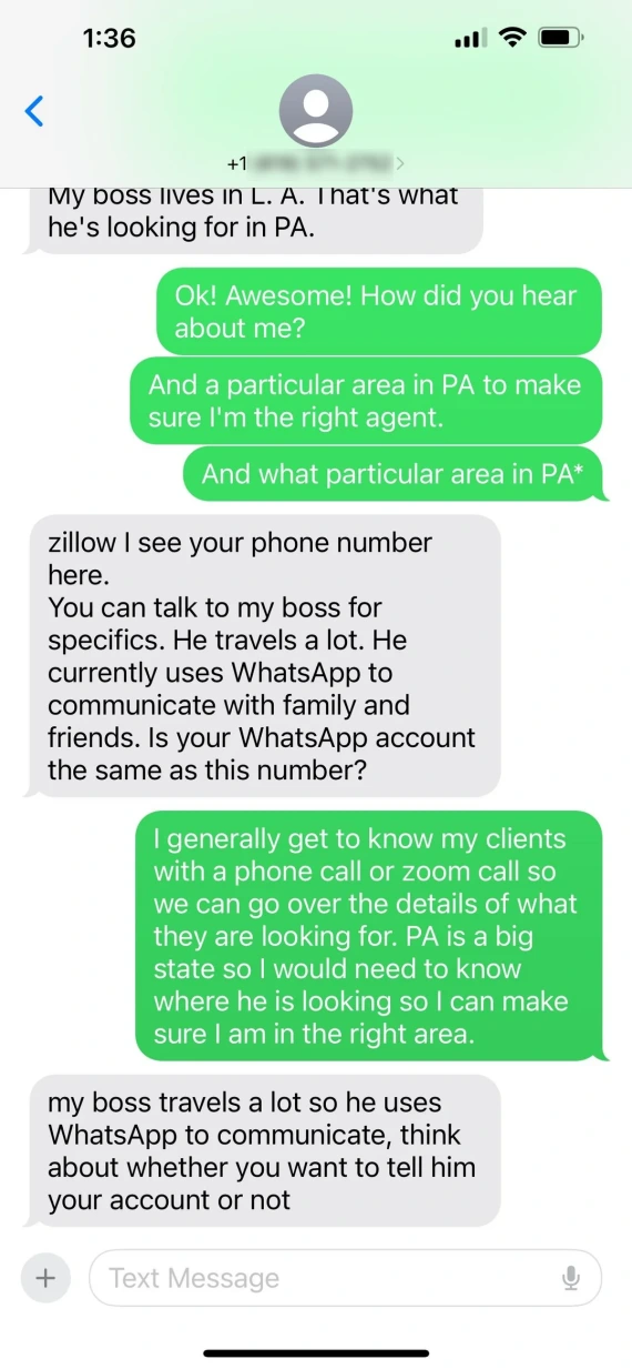 A second example of DMs associated with a Zillow scam targeting a landlord.