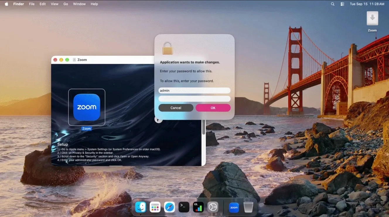 An image of the fake Zoom app asking you for your password when you install it.