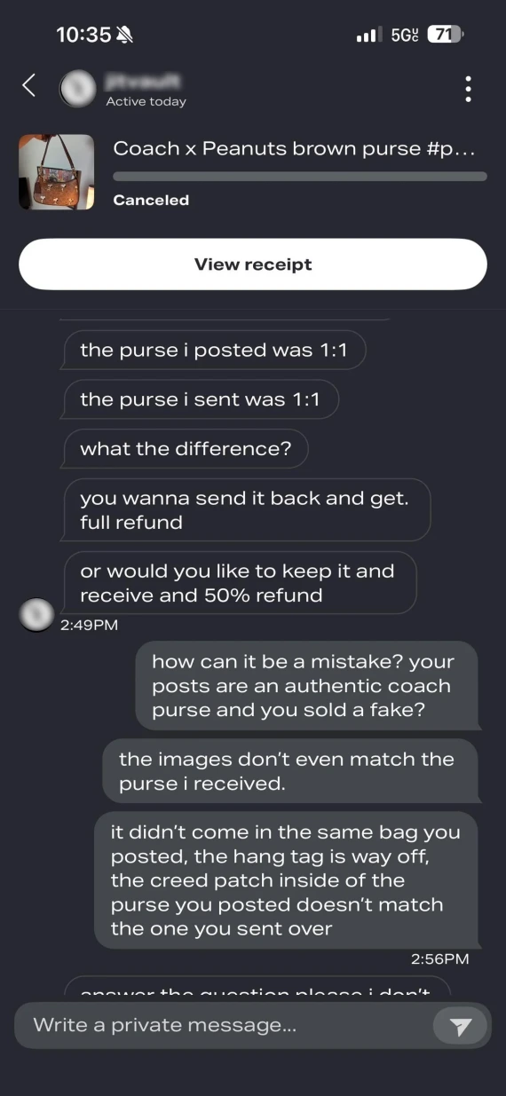A second example of messages linked to a counterfeit bag on Depop.