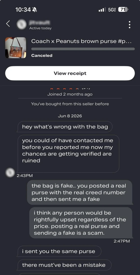Screenshot of messages linked to a counterfeit bag on Depop.