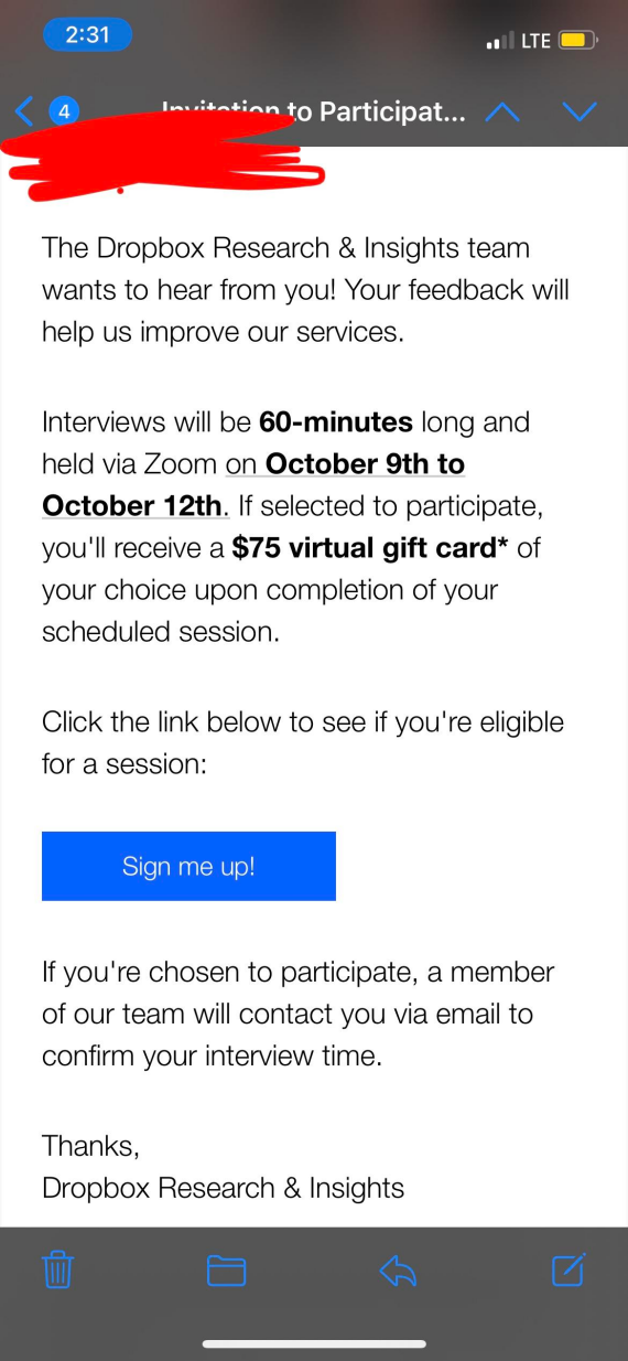 An image of a Dropbox impersonation phishing link.