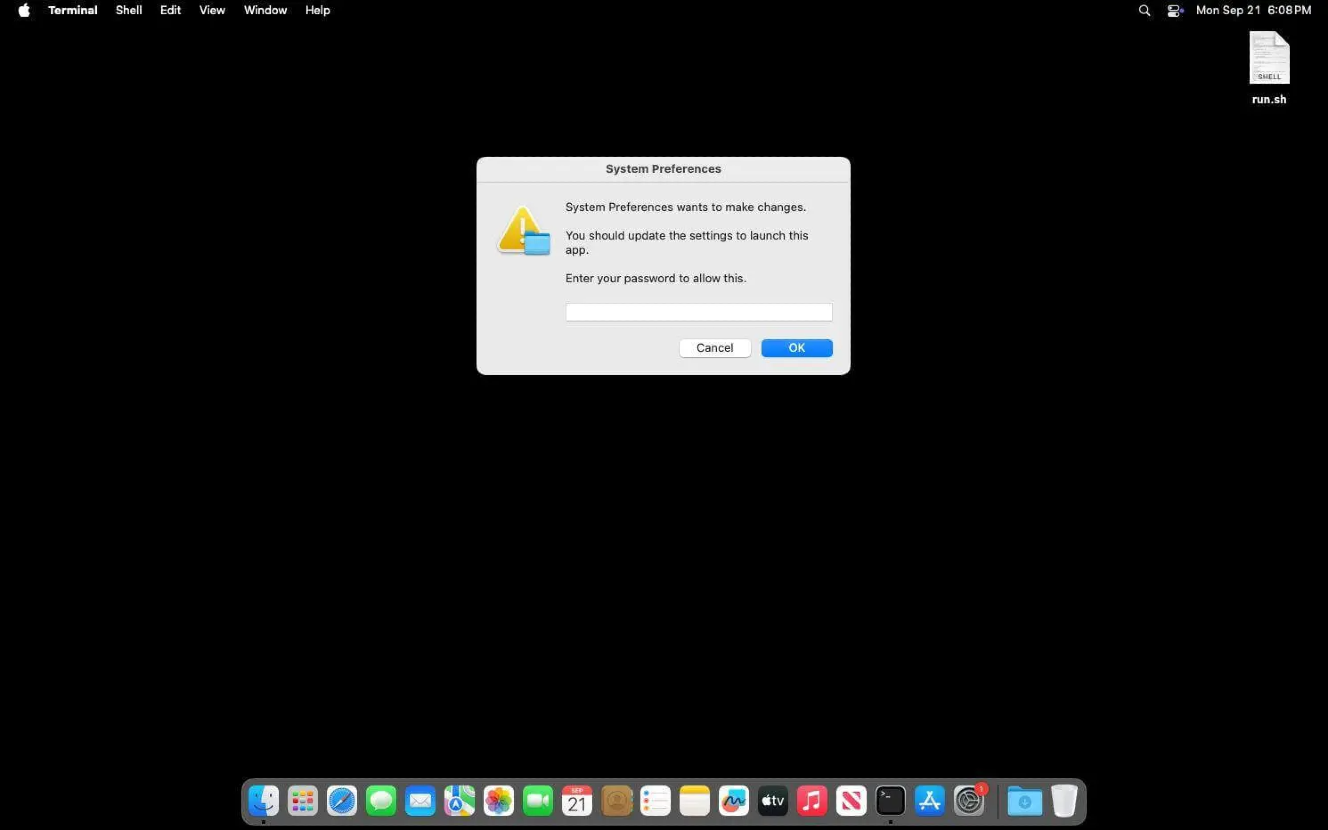 An image showing how ICMacOS prompts you for your password with a fake system password request.