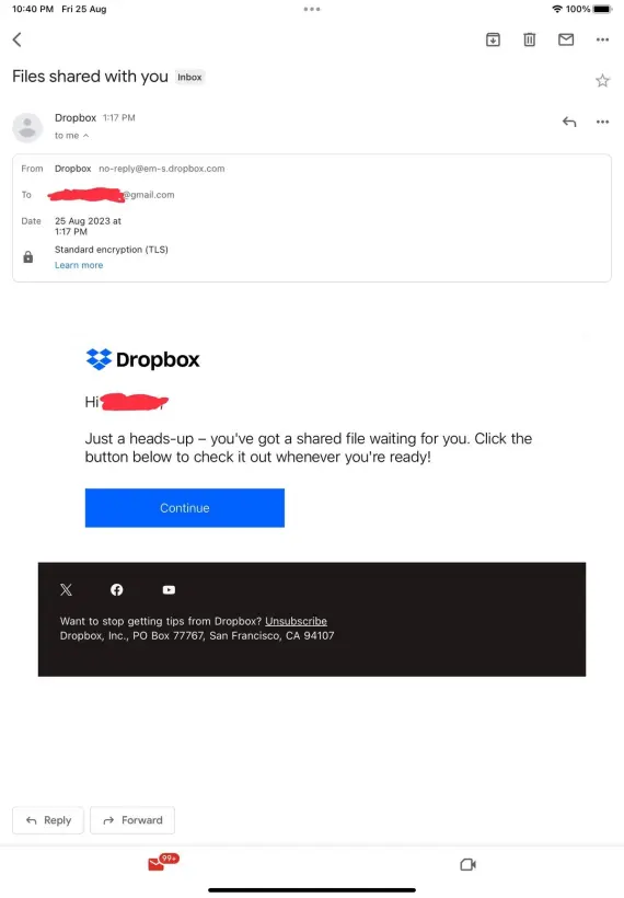 Image of Dropbox file sharing scam
