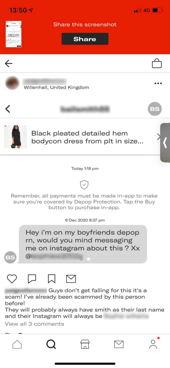 Screenshot of a Depop off-platform communication scam.