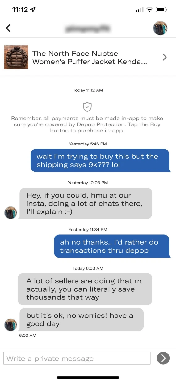 Screenshot of messages associated with a Depop off-platform communication scam