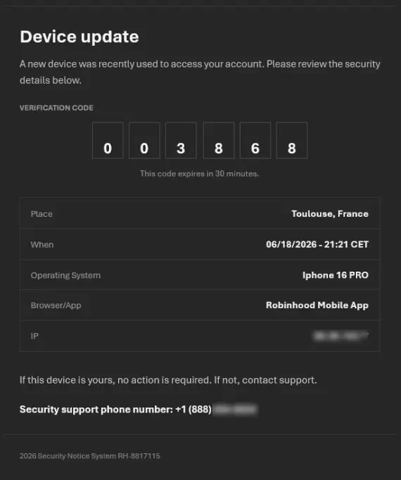 Screenshot of a Robinhood email scam.